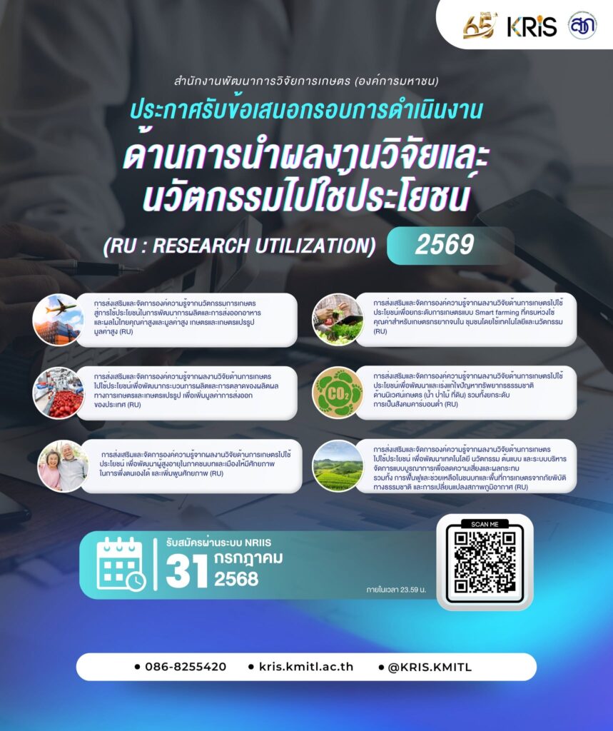 ขอเชิญอาจารย์และนักวิจัย สจล. ส่งข้อเสนอกรอบการดำเนินงาน ด้านการนำผลงานวิจัยและนวัตกรรมไปใช้ประโยชน์ (RU : Research Utilization) ประจำปีงบประมาณ พ.ศ. 2569