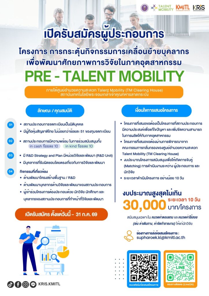 🚀 เปิดรับสมัครผู้ประกอบการ และนักวิจัยเข้าร่วมโครงการ “PRE – TALENT MOBILITY”