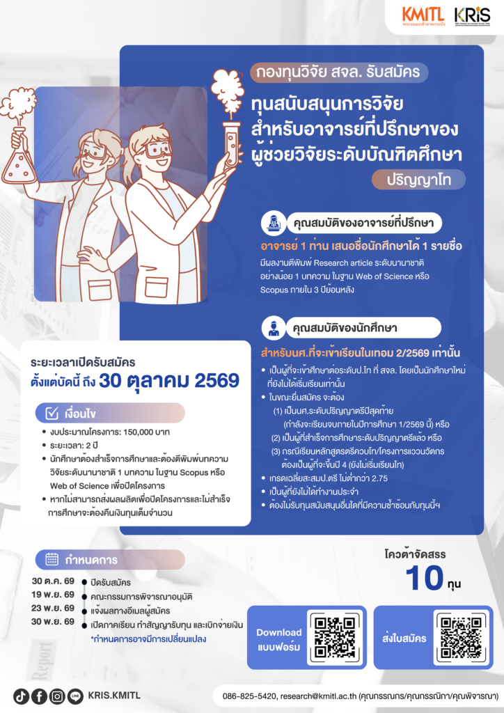 กองทุนวิจัย สจล. เปิดรับสมัครทุนสนับสนุนการวิจัยสำหรับอาจารย์ที่ปรึกษาของ “ผู้ช่วยวิจัยระดับบัณฑิตศึกษา” (ปริญญาโท)